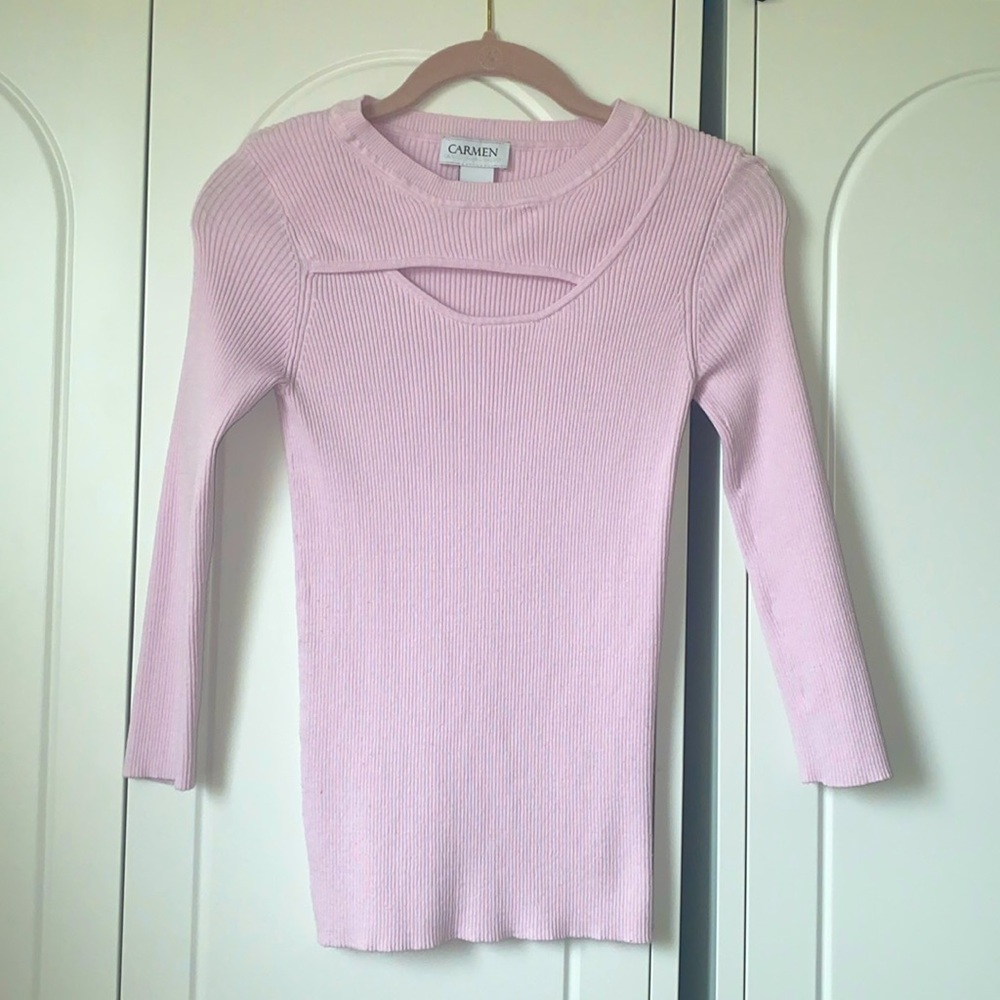 carmen marc valvo baby pink OR blue  ribbed cutout 3/4 sleeve top